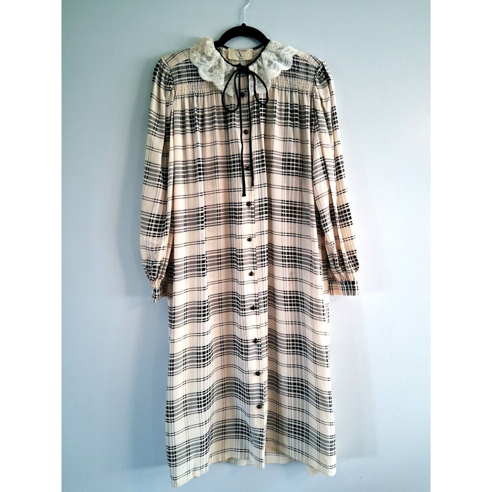 Rare Valentino Studio Midi Dress 6 Silk Plaid Lace Collar 70s Boutique Academia
